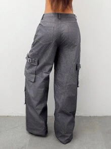 SHEIN Unity Women's Solid Color Wide-Leg Casual Casual Pants With Multiple Utility Pockets Fall Cloth For Women - Grey - View 2