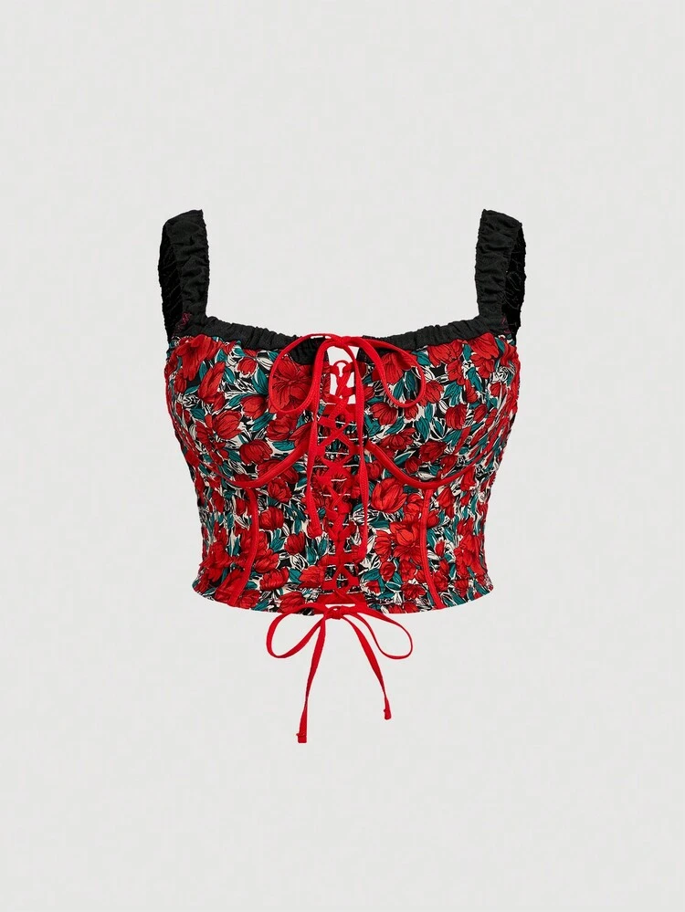 Plus Size Color Block Flower Allover Print Strap Tank Top, Summer Fashion