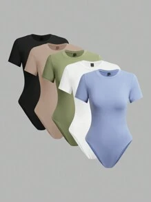 SHEIN EZwear 女性5入組休閒圓領短袖連體衣，夏季款 - 彩色 - 查看 1