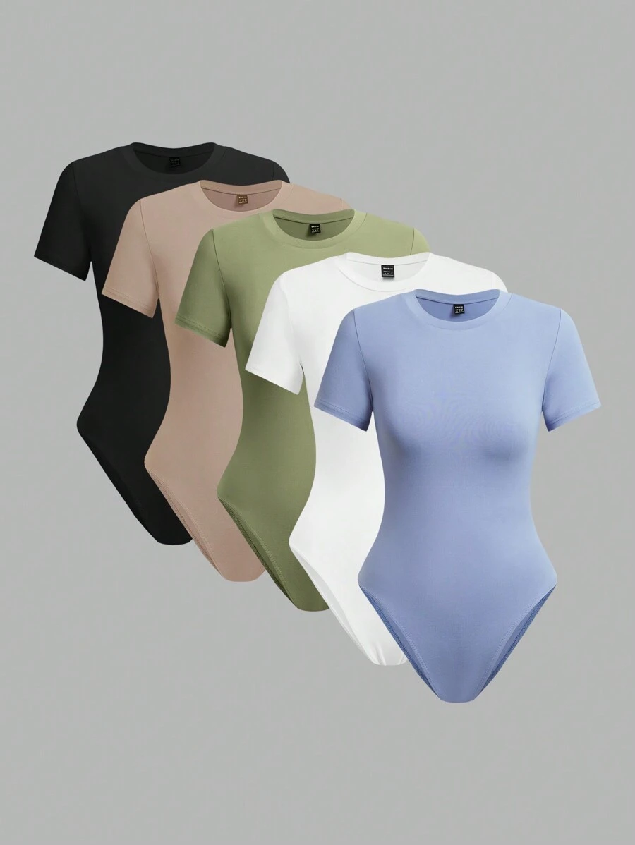 SHEIN EZwear 女性5入組休閒圓領短袖連體衣，夏季款 - 彩色 - 查看 1