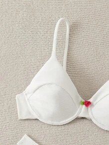 Swim Mod Conjunto de bikini sexy de unicolor con calado para vacaciones de mujer, con tela de rayas finas y detalle floral pequeño, para la playa de verano - Blanco - Ver 5