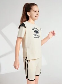 SHEIN Conjunto de ropa deportiva para niña preadolescente, camiseta de cuello redondo de manga corta y shorts, 2 piezas