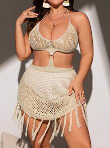 Plus Size Solid Color Hollow Out Summer Cover-Up With Halter & Spaghetti Straps