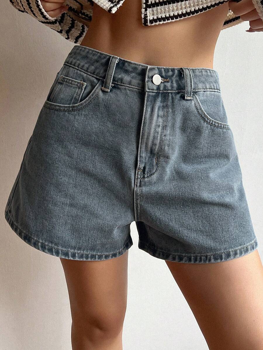DAZY 纯色阔腿女式牛仔短裤 - 霧霾藍 - 查看 1