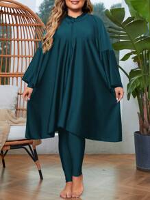 Swim Mulvari Plus Size Solid Color Stand Collar Batwing Sleeve One-Piece Swimsuit For Summer - Dark Green - View 1