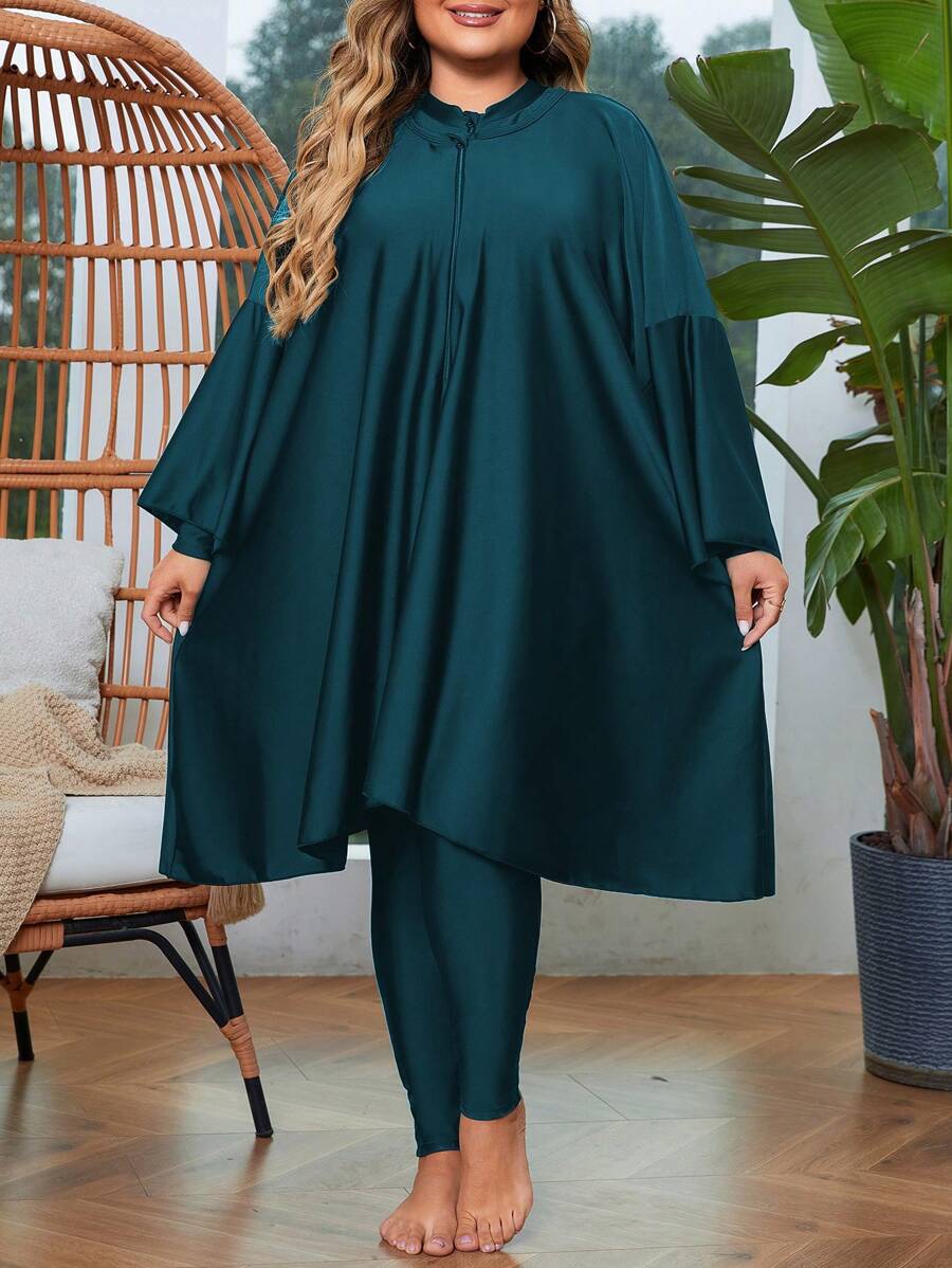 Swim Mulvari Plus Size Solid Color Stand Collar Batwing Sleeve One-Piece Swimsuit For Summer - Dark Green - View 1