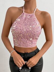 Allurite Top brillante sin espalda con ataduras en la espalda para mujer, perfecto para festivales de música en verano y ropa para fiestas de vacaciones