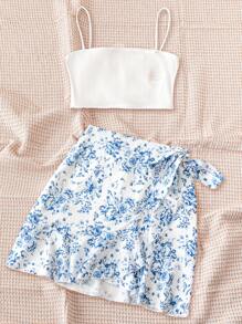 Soleia Mùa hè dành cho nữ thường ngày phong cách đồng quê Áo có dây đeo spaghetti đan màu trắng và in hoa màu xanh/trắng quấn dây buộc nơ có viền xếp nếp Bộ váy mini, hoàn hảo cho các bữa tiệc trà và mùa tốt nghiệp - Xanh và trắng - Xem 2