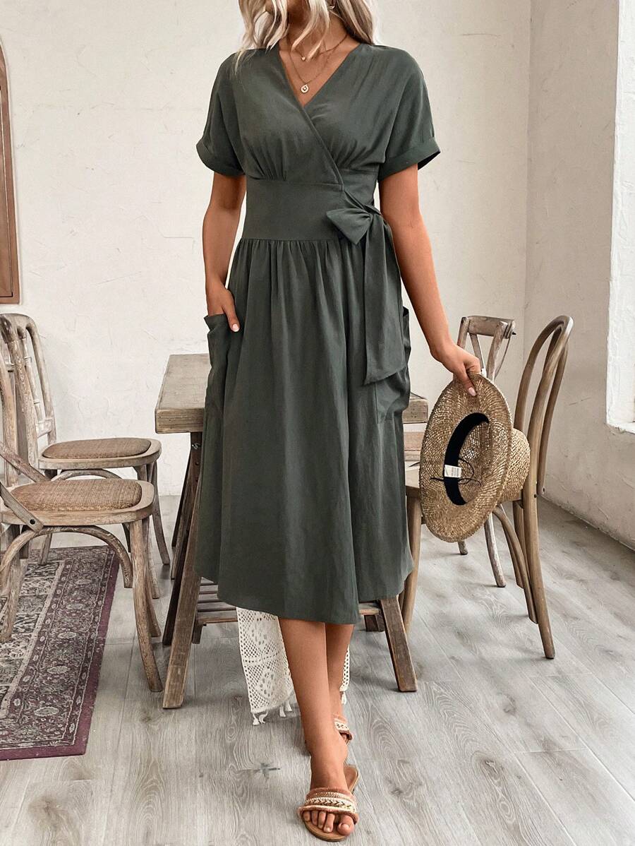 SHEIN LUNE 女士純色V領束腰蝙蝠袖褶皺休閒夏季短袖連衣裙 - 橄欖綠 - 查看 1