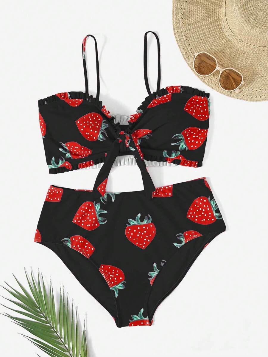Swim Mod 大尺碼女裝時尚草莓印花比基尼套裝，配蕾絲修邊