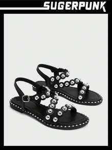 Sugerpunk Sandalias de playa versátiles con hebilla metálica para mujer