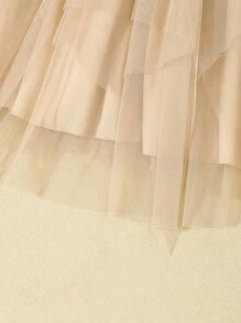 SHEIN Young Girl 2pcs  & Elegant Camisole Top With Pearl Adorned Mesh Hem + Asymmetrical  Tulle Hem Satin Ribbon Butterfly Skirt Set - Apricot - View 6