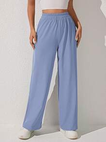SHEIN PETITE Pantalones de pierna ancha sueltos y de unicolor de moda para mujeres para el verano - Azul - Ver 1