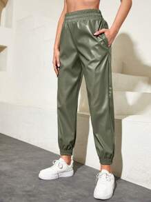 RueChic Elastic Waist Slant Pocket PU Leather Sweatpants - Mint Green - View 5