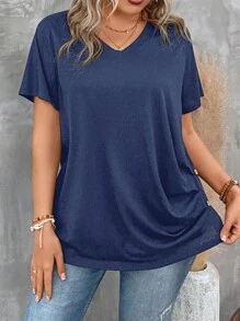 SHEIN LUNE Plus Size Women's Solid Color V-Neck Short Sleeve Pleated Casual T-Shirt, Summer - Navy Blue - View 4
