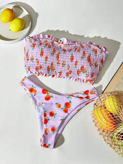 SHEIN Swim Women's Summer Beach Fruit Print Bikini Set With Ruffle Edge Bandeau Top And Sexy Bottoms