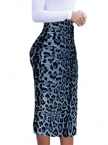 SHEIN Falda de leopardo ajustada con pliegues para uso diario para mujeres - Multicolor - Ver 3
