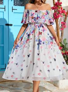SHEIN Unity 女士雪紡印花露肩連衣裙 - 彩色 - 查看 4