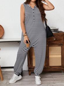 SHEIN LUNE Bộ áo liền quần ngắn tay có mũ trùm đầu có sọc cỡ lớn - Đen và trắng - Xem 4