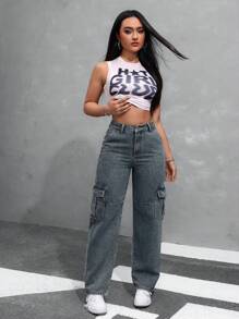 SHEIN EZwear 女款休閒鬆身牛仔褲，附帶口袋 - 深色水洗藍 - 查看 2