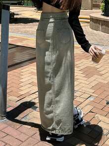 Women's Casual Fashionable Workwear High Slit Denim Skirt - Mint Green - View 2