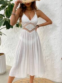 Swim Vcay 女士夏季服装女士纯色细肩带蕾丝边罩衫连衣裙，度假风格，夏季海滩