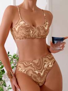 SHEIN Swim 女士大理石印花休闲比基尼套装，适合夏季海滩，配有随机印花罩衫短裤 - 咖啡棕 - 查看 3