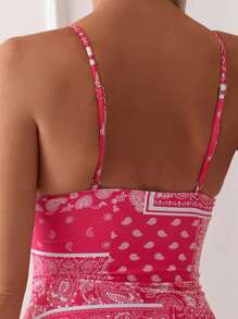 SHEIN Swim 女士夏季沙滩连体泳衣，全身印花，镂空，后背系带，性感 - 玫紅色 - 查看 5