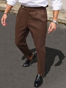 Manfinity Mode Men's Solid Color Pleated Tapered Dress Pants With Pocket, For Daily And Commute - Coffee Brown - View 4