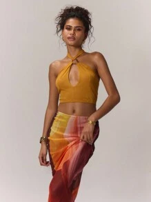 MUSERA 金色镶边镂空针织上衣 夏季露脐吊带衫 假日 - 黃色 - 查看 3