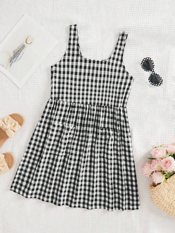 Soleia Damen Sommerkleid Mit Karomuster, Lässig, Ärmellos, Quadratischer Ausschnitt