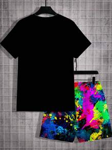 Manfinity Dauomo 男士夏季卡通熊圖案圓領短袖休閒T恤和短褲套裝 - 黑色 - 查看 2