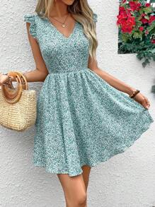 SHEIN Frenchy Women's V-Neck Ditsy Floral Lace Splice Backless Elegant Summer Dress Vacation Green Flower Christmas Beach - Olive Green - View 4