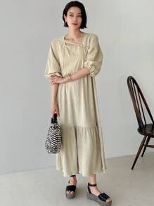 FRIFUL Women's Casual Solid Color Bishop Sleeve Dress With Ruffled Hem Sundress - Apricot - View 9