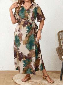 Modelyn Vestido largo de verano con estampado de teñido anudado de talle alto con volantes en las mangas cortas para mujeres de talla grande, vestido de noche largo para mujer