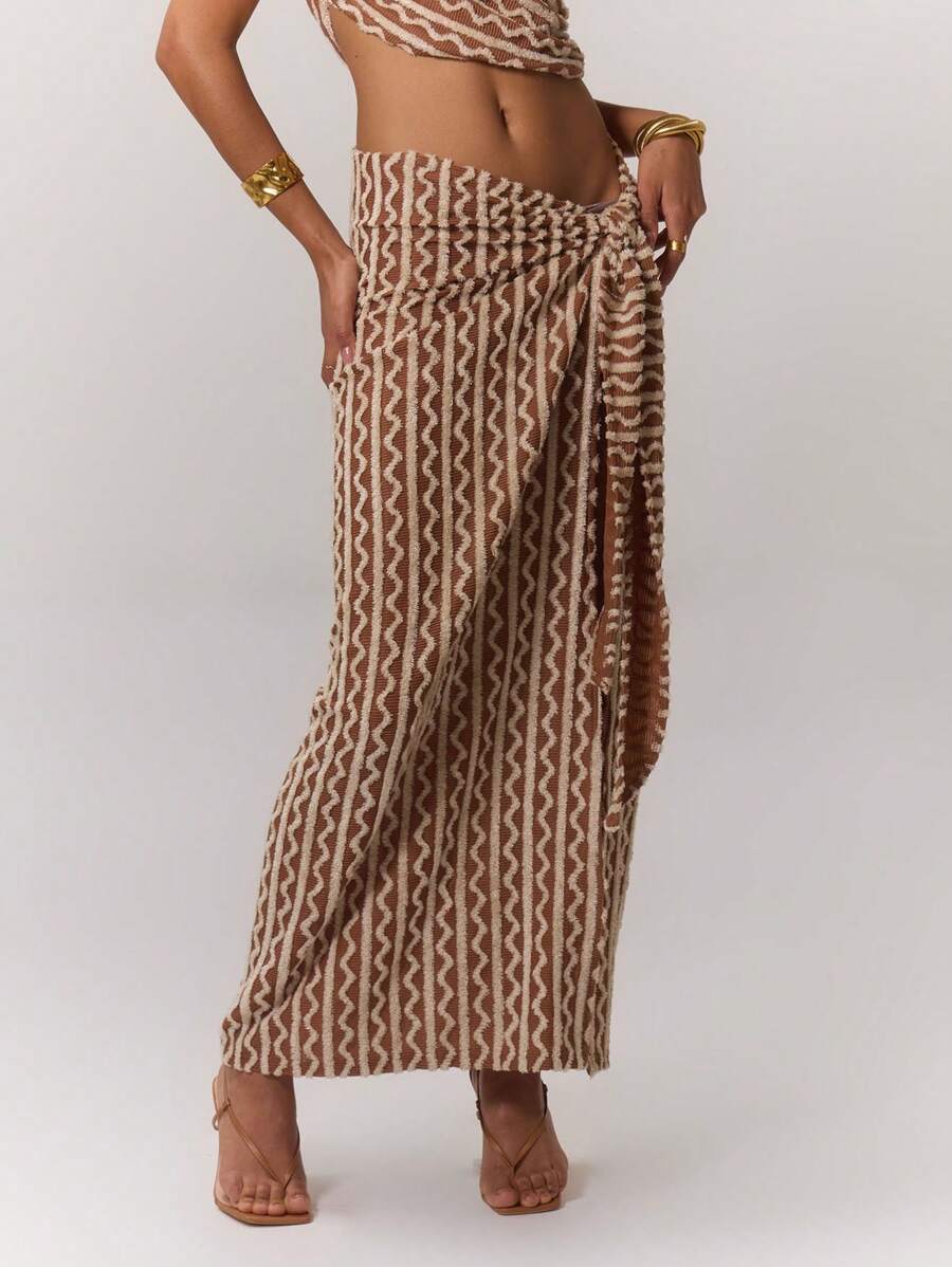 MUSERA 纹理条纹系带侧边长裙 波西米亚风 夏季可爱派对度假 - 棕色 - 查看 1