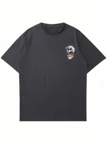 Men's Letter & Skull Graphic Round Neck Short Sleeve Casual T-Shirt, Summer, For Halloween