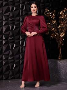 Veilorie 酒红色女士纯色灯笼袖长款优雅连衣裙，腰部饰有褶皱细节，春夏长款晚礼服 - 酒紅色 - 查看 6