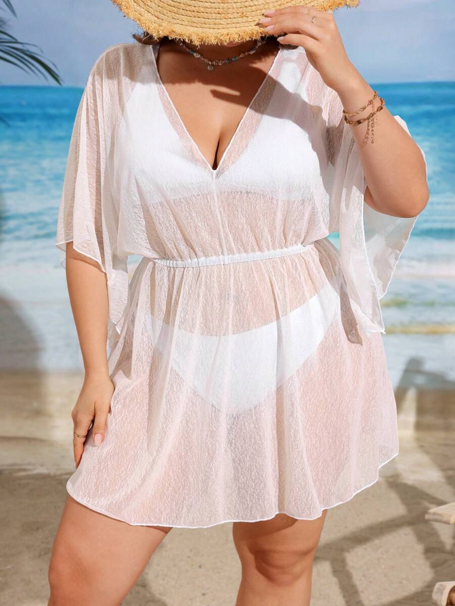 SHEIN Swim Curve 女款大尺碼假日V領蝙蝠袖網眼透視外罩連衣裙 - 白色 - 查看 1