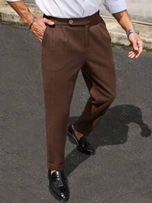 Manfinity Mode Men's Solid Color Pleated Tapered Dress Pants With Pocket, For Daily And Commute - Coffee Brown - View 3