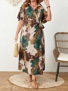 Modelyn Vestido largo de verano con estampado de teñido anudado de talle alto con volantes en las mangas cortas para mujeres de talla grande, vestido de noche largo para mujer