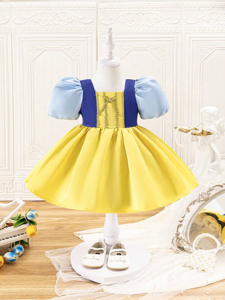 Baby Girl Cute Princess Dress Colorblock Puff Sleeve Square-Neck Overall Dress