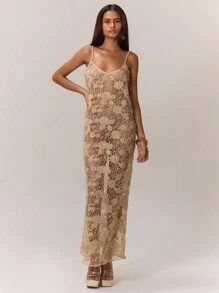 MUSERA Glitter Crochet Maxi Dress Elegant Spring Summer Vacation Party Fall Night Out Holiday - Coffee - View 6