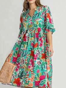 Women's Random Plant & Flower Printed Vacation Casual Dress - Multicolor - View 4