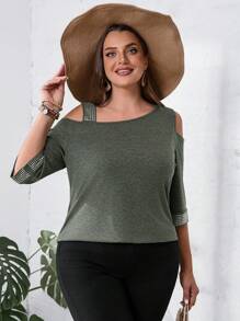 EMERY ROSE Plus Size Women's Summer Asymmetrical Neckline Half Sleeve Casual T-Shirt With Rhinestone Decoration - Dark Green - View 5