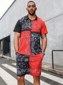 Manfinity Roughcore Men's Plus Size Vacation Style Printed Color Block Short Sleeve Shirt And Shorts Set - Black - View 6