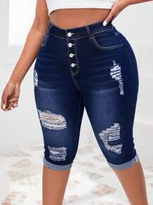 SHEIN SXY Plus Size Distressed Cropped Jeans With Frayed Hem And Whiskering - Navy Blue - View 6