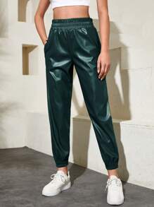 RueChic Solid Elastic Waist PU Leather Sweatpants - Navy Blue - View 3