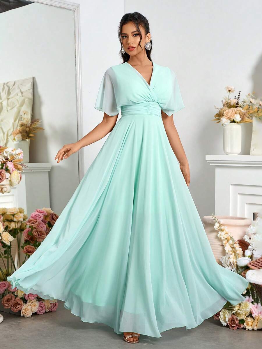 SHEIN Belle Elegant Chiffon Off-Shoulder V-Neck Pleated Swing Evening Dress - Green - View 1