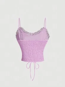 SHEIN MOD Summer Pink Sheer Top With Ruffle Neckline, Front Tie And Pleated Polka Dot Mesh Design - Pink - View 2